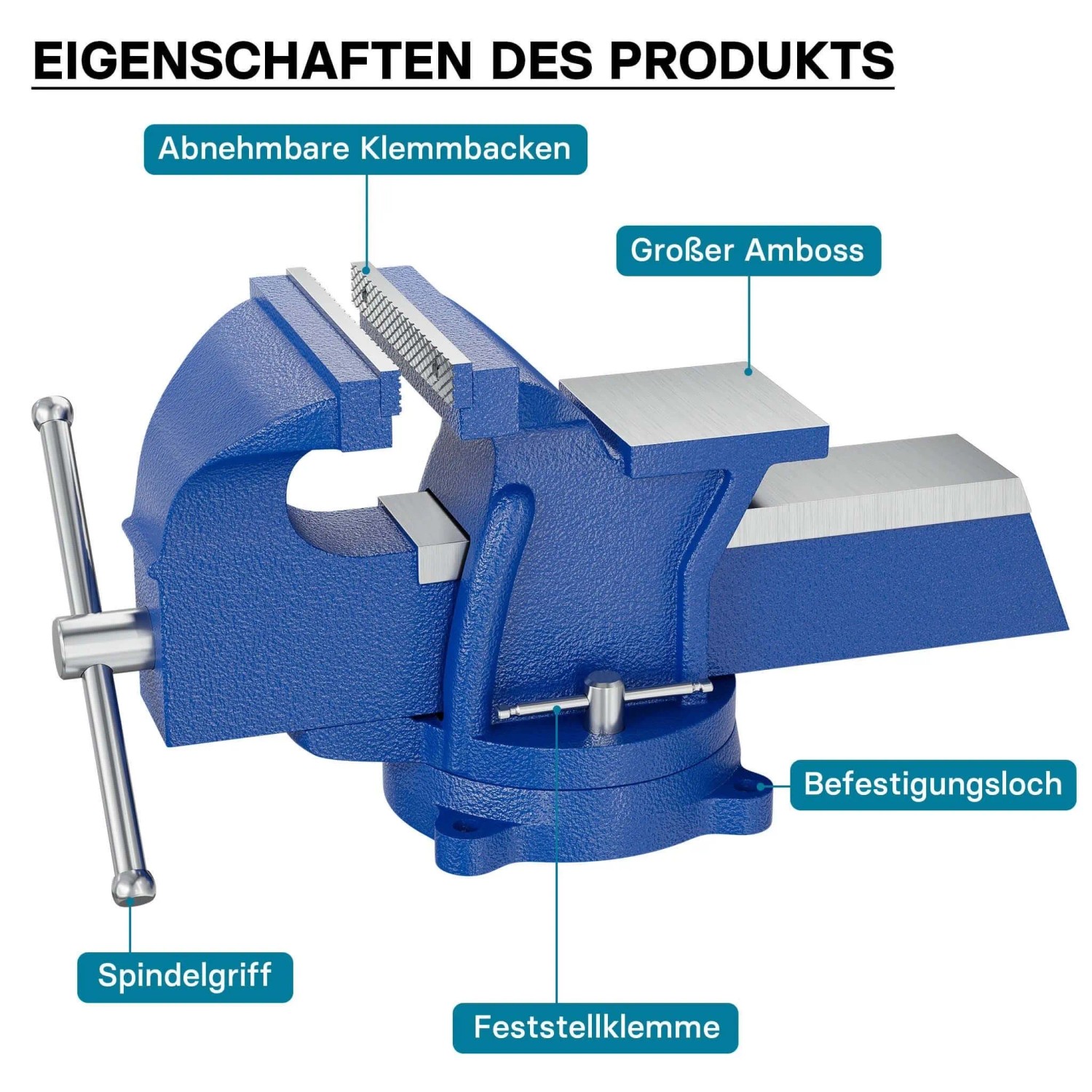 Blauer Wiltec Heavy Duty Schraubstock mit 125mm Klemmbacken, großem Amboss und Spindelgriff.