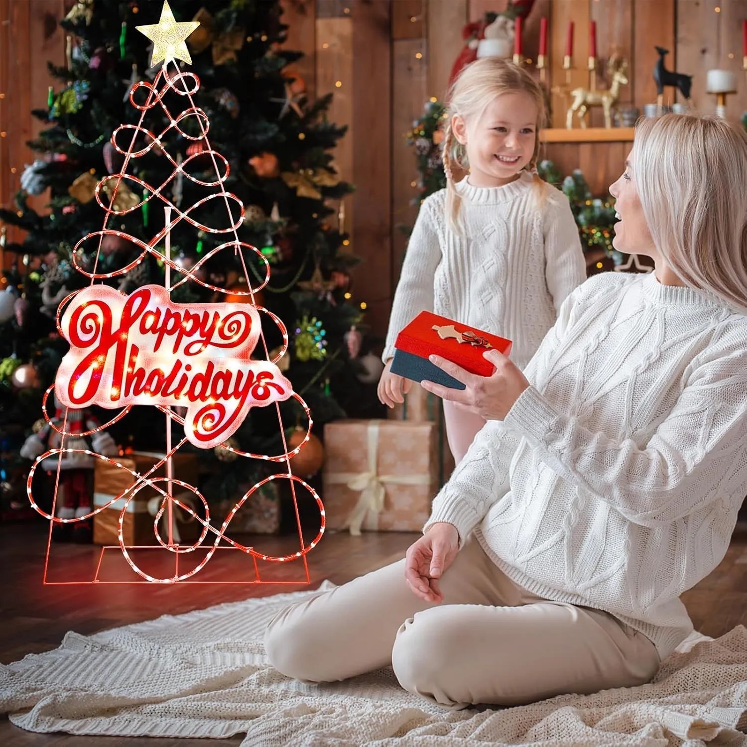 Beleuchteter LED Weihnachtsbaum „Happy Holidays“ als festliche Weihnachtsdekoration.