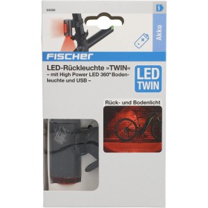 Fischer Akku-Rücklicht Twin mit Bodenbeleuchtung in Verpackung.