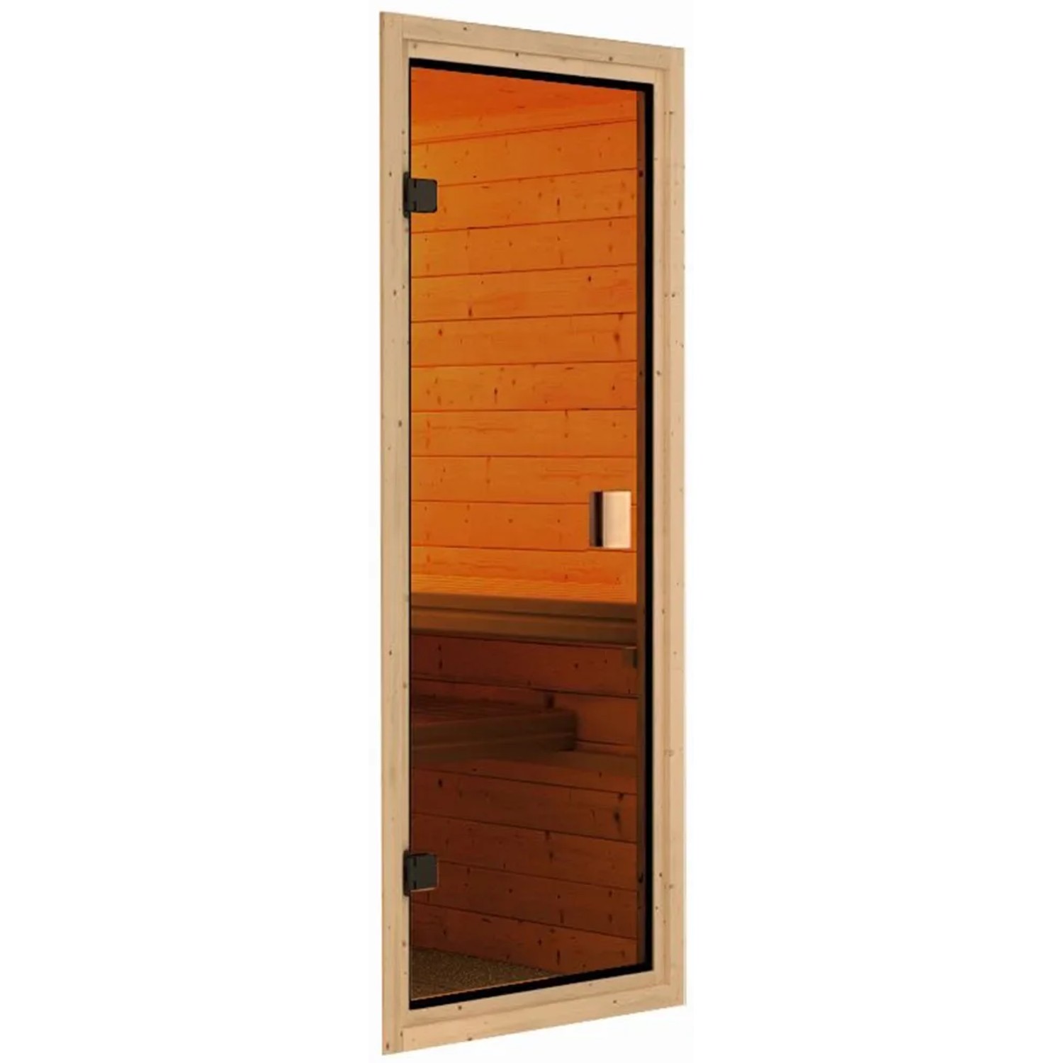 Woodfeeling Sauna Jella mit bronzierter Glastür und Holzrahmen. Massivholzsauna für entspannende Momente.