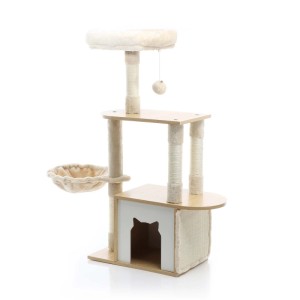 Beiger Fudajo Kratzbaum 106cm aus Holz & Plüsch mit Katzenhaus, Liegemulde, Sisalstämmen & Spielball.
