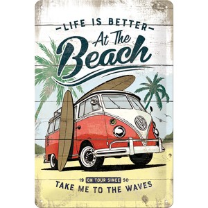 Nostalgic-Art Blechschild VW Bulli Beach (20x30 cm) mit Surfbrett und Palmen.