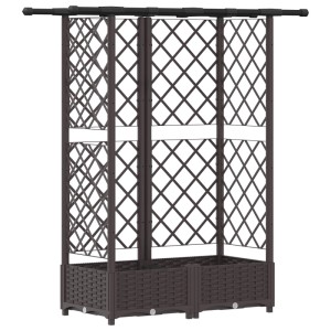 Braunes vidaXL Hochbeet mit Rankgitter und Dach aus PP. Ideal für Kletterpflanzen und vertikales Gärtnern auf Balkon oder Terrasse.