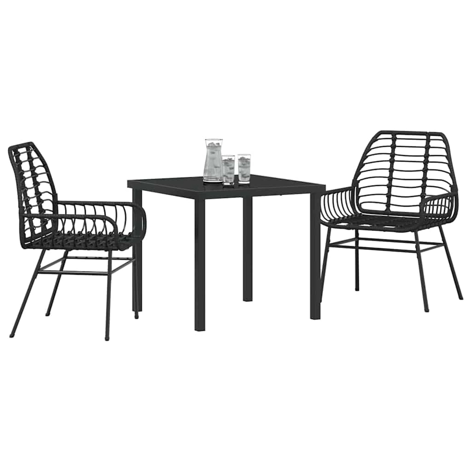 Schwarze 3-teilige Garten Essgruppe aus Poly Rattan mit Tisch und zwei Stühlen.
