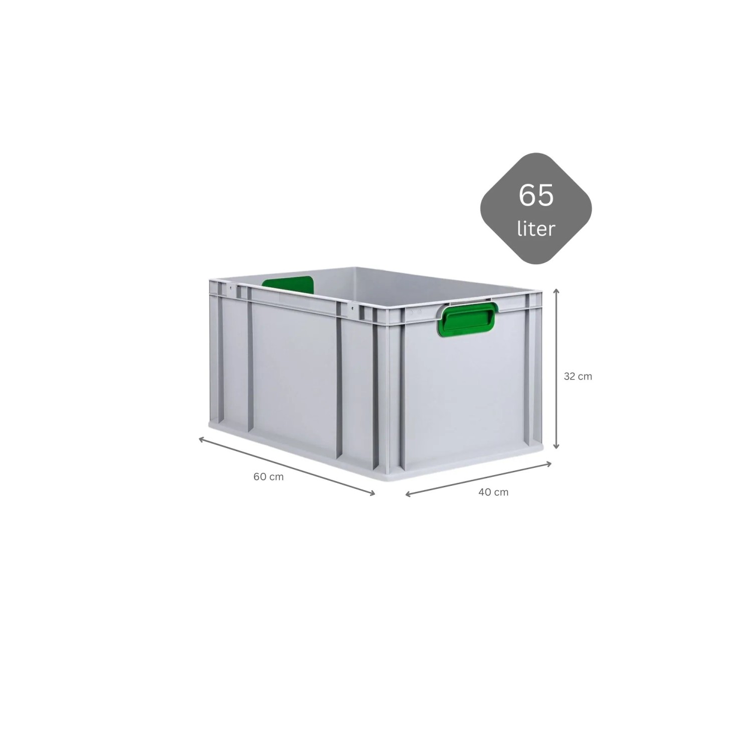 PROREGAL Eurobox Nextgen, 65 Liter, grau mit grünen Griffen, zur Aufbewahrung.