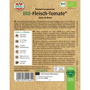 Sperli Bio Fleisch-Tomate Coeur de Boeuf Samen, herzförmige Früchte auf der Packung.