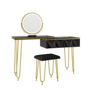 Vicco Schminktisch Bella Schwarz mit LED-Spiegel und Hocker, goldene Beine.