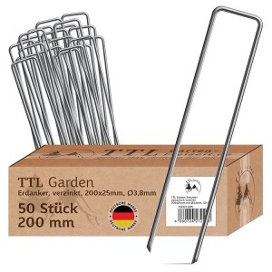 TTL GARDEN 50 x Erdanker 200 x 25 mm Ø 3,8 mm Stahl Verzinkt Bodenanker Heringe für Gartenvlies Unkrautvlies Vogelschutznetz Camping