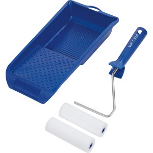 LUX Streich-Set Lack, 4-teilig: Farbwanne blau, 2 Lackwalzen, Bügel. Ideal für Kleinflächen.