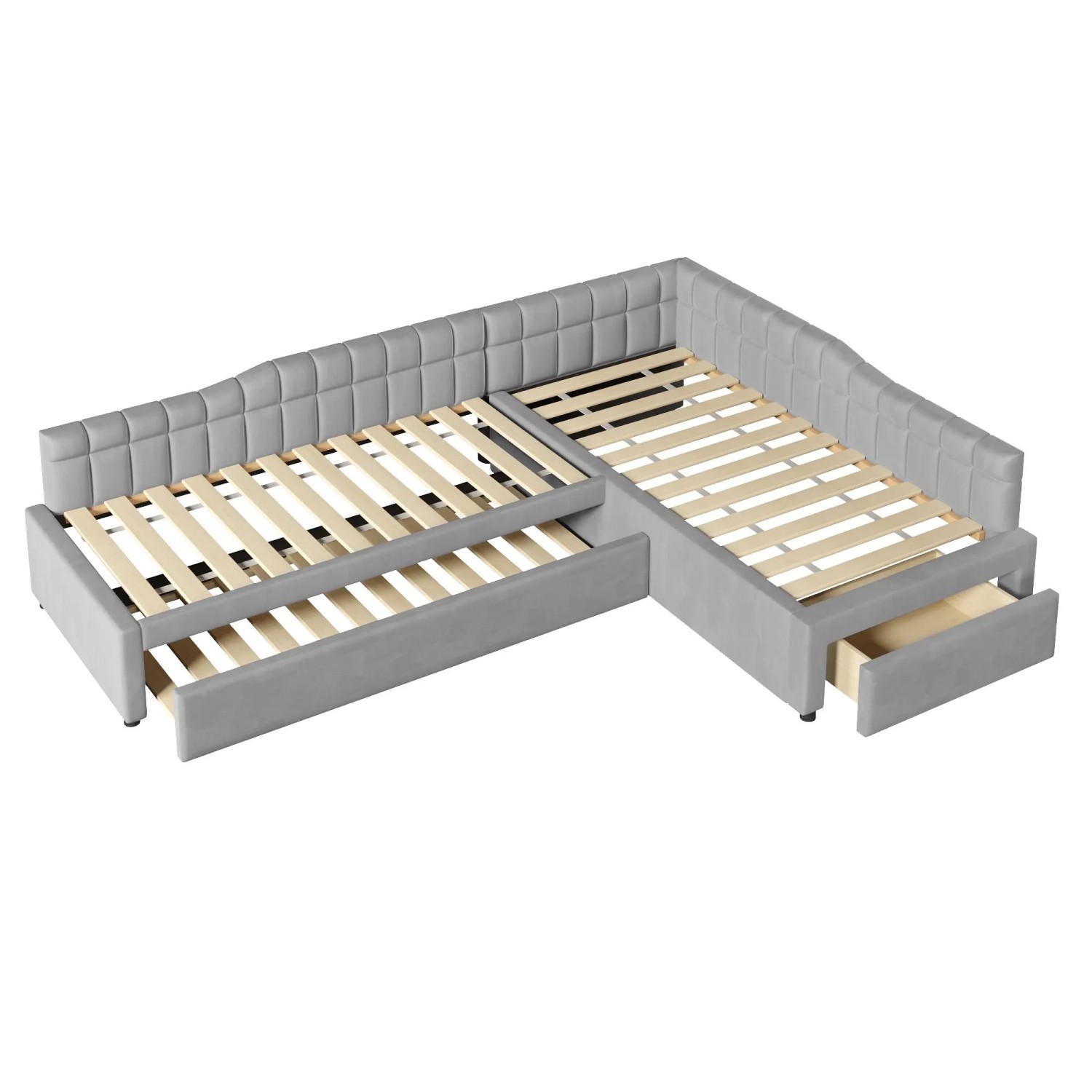Merax L Form Polsterbett 90x200 cm Mit Ausziehbett Schubladen Samt Grau