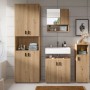 Moderner Waschbeckenunterschrank Livia in Artisan Eiche Dekor mit Leistenoptik und schwarzen Griffen. Badmöbel Stauraum.