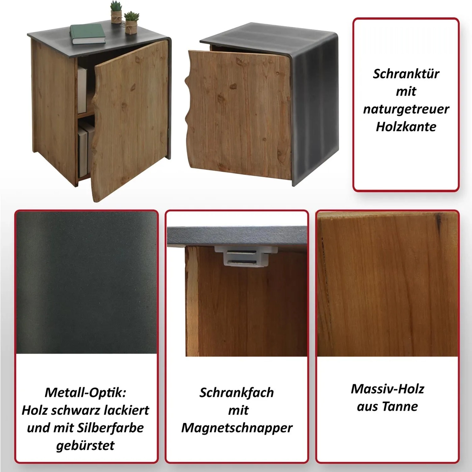MCW Beistelltisch L76 aus Tannenholz mit Metall-Optik und Schrankfach, verschiedene Ansichten.