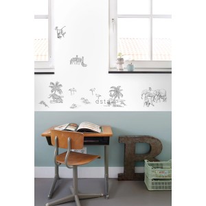 ESTAhome Wandtattoo Dschungeltiere in Schwarz-Weiß an Kinderzimmerwand.