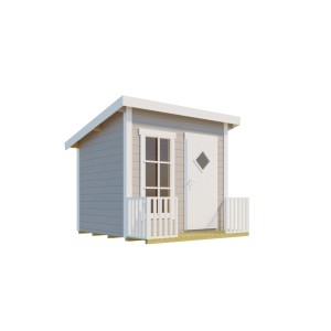 Lasita Maja Kinderspielhaus Flipp, lichtgrau, mit Fenster, Tür und kleiner Terrasse.