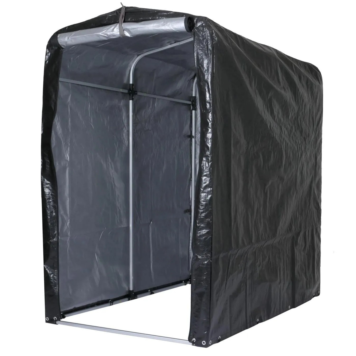 Anthrazitfarbenes PROREGAL Gerätehaus/Fahrradbox aus Aluminium und Kunststoff.