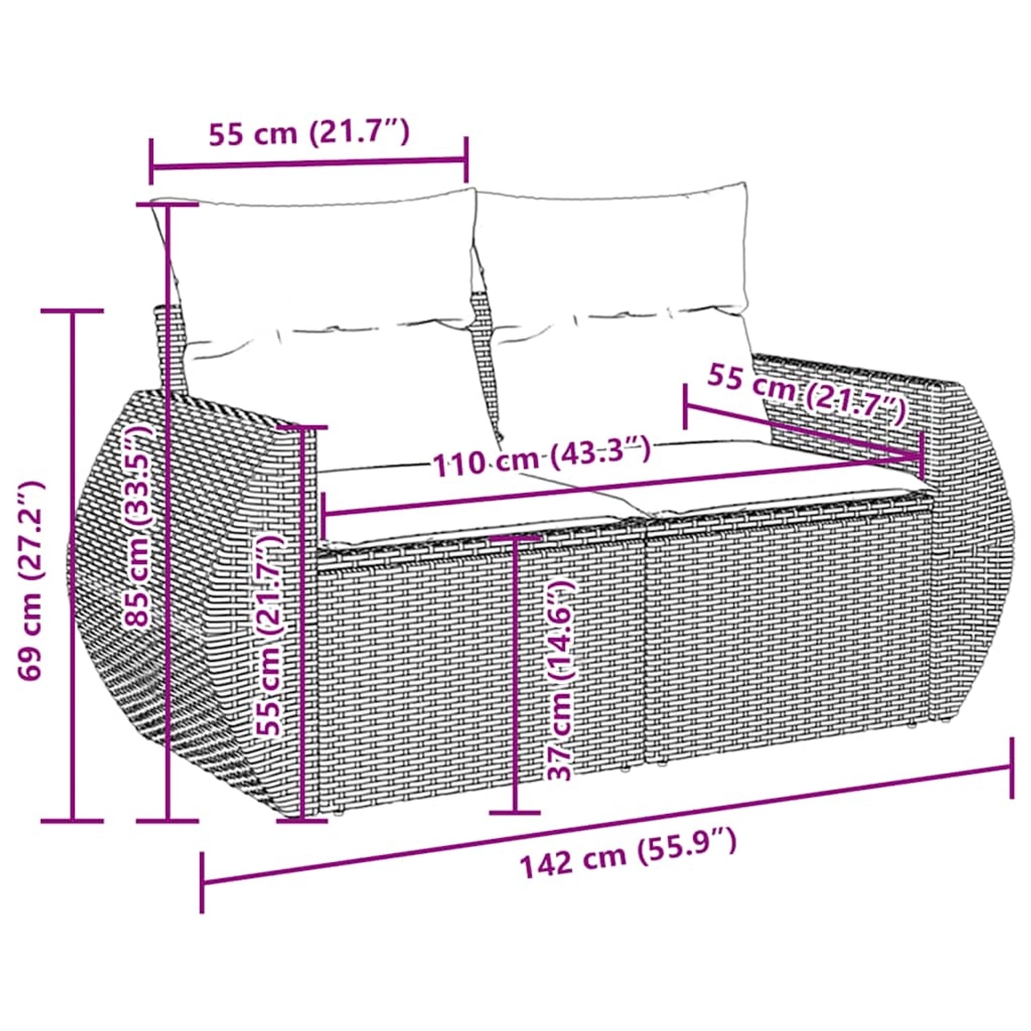 vidaXL Garten-Sofagarnitur, 6-teilig, schwarz, Poly Rattan, mit Maßen. Ideal für Terrasse und Garten.