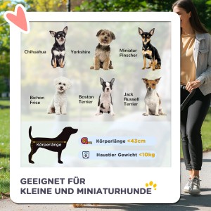 Infografik: Geeignet für kleine Hunde und Miniaturhunde bis 10kg, Körperlänge bis 43cm.