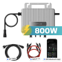 ECOFLOW Mikro-Wechselrichter 800W mit Kabeln und App-Screenshot für Balkonkraftwerk.