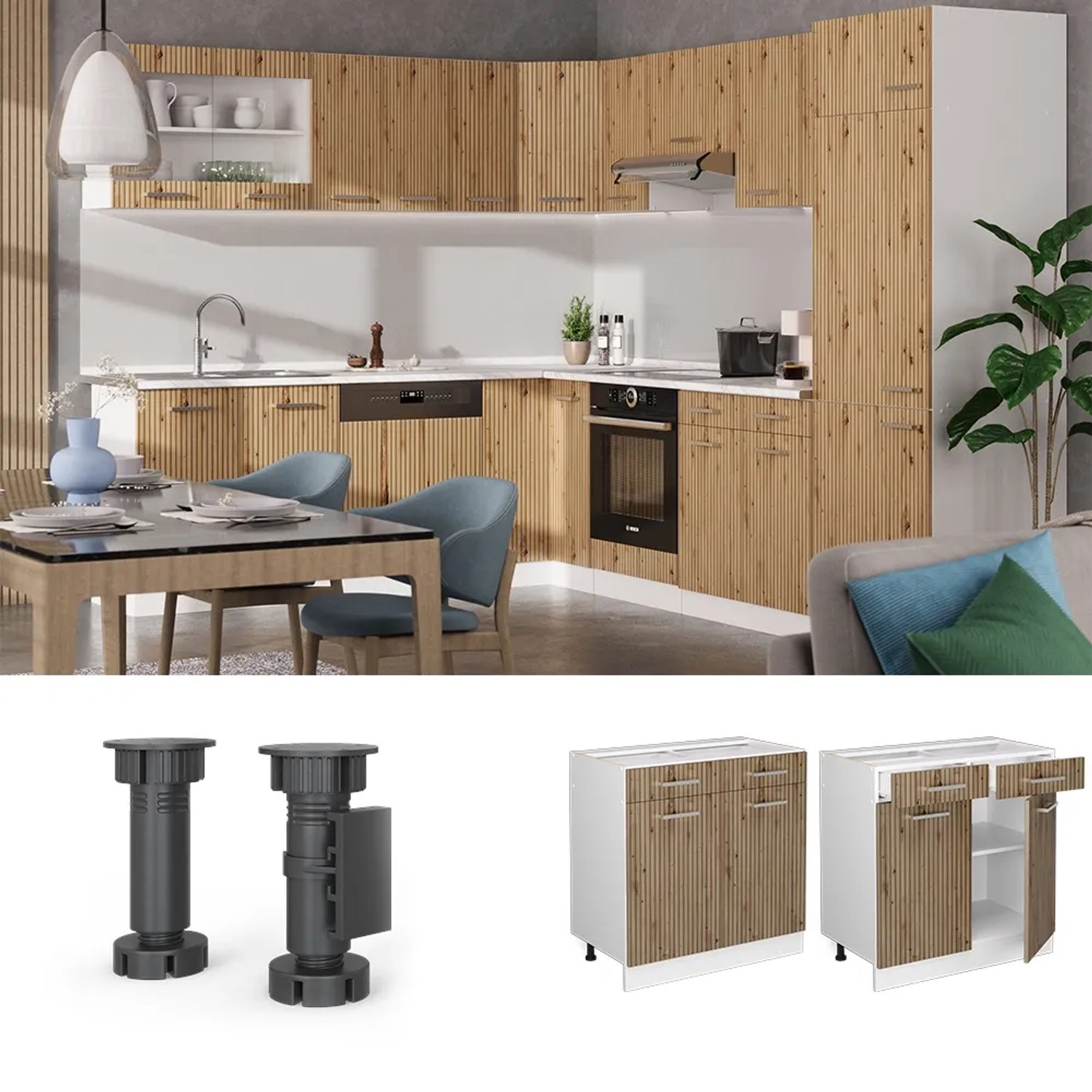 Vicco Küchenunterschrank R-Line, Schubladen, Artisan Eiche/Weiß, 80 cm. Küchenschrank mit Arbeitsplatte.