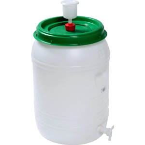 Weißes 60 l Getränkefass Classic aus Kunststoff mit Gärglocke und Auslaufhahn.