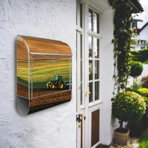 Banjado Design Briefkasten Silber Pulverbeschichtet 39x47x14cm 2 Schlüssel Mit Zeitungsfach Motiv Pflügen