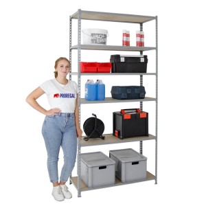 Graues PROREGAL Schwerlastregal Giant Muli mit 6 Böden, beladen mit Werkzeug und Behältern.