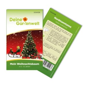 Zwei Samenpäckchen Nordmanntanne: Vorderseite mit geschmücktem Weihnachtsbaum, Rückseite mit Pflanzanleitung. Für eigene Weihnachtsbäume.
