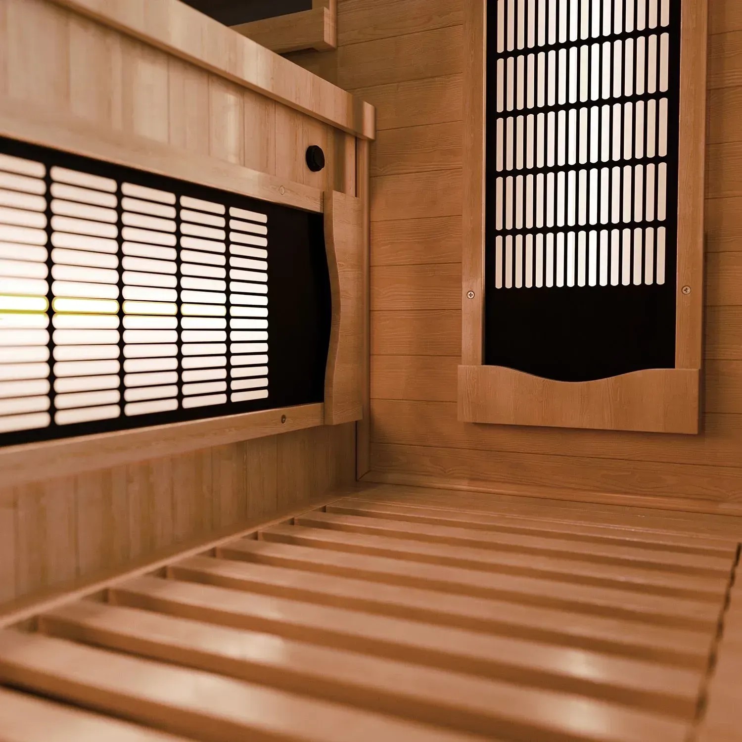 Innenansicht Artsauna Infrarotkabine Kiruna90 Premium aus Hemlockholz mit Dual Technologie.