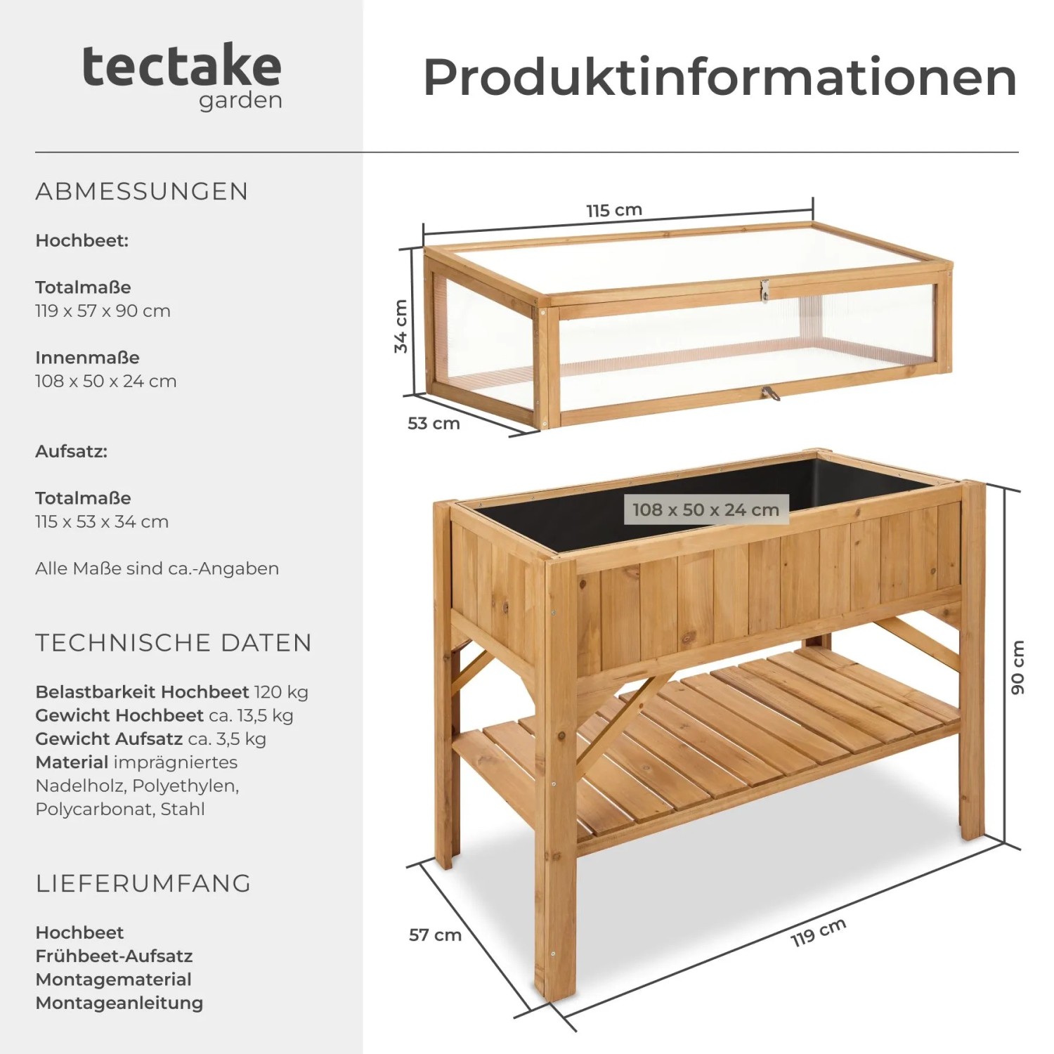 Tectake Hochbeet  Aus Holz  Mit Ablage und Frühbeet Aufsatz Witterungsbeständig  119 x 57 x 90 cm Braun_6