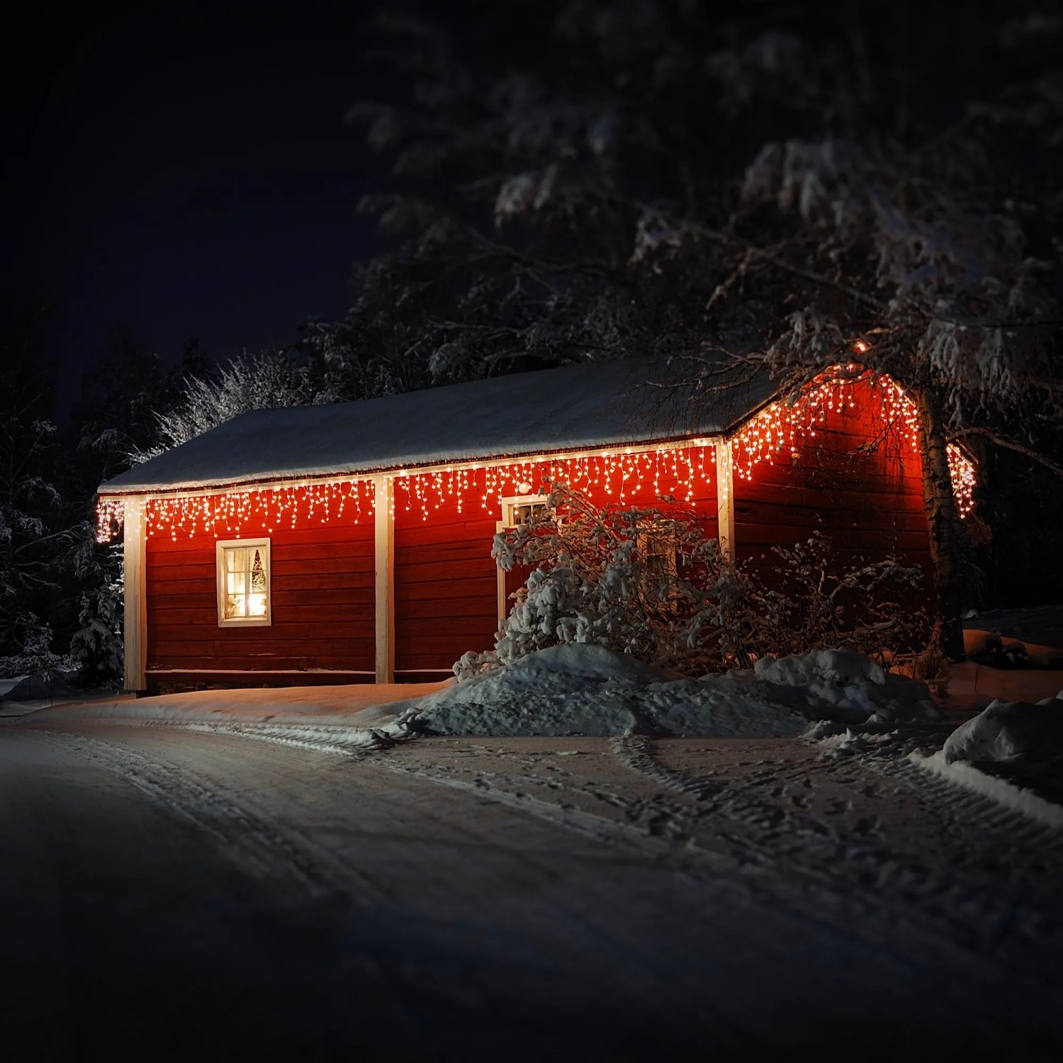 Rotes Haus mit ECD Germany LED Lichtervorhang (180 warmweiße LEDs) als Weihnachtsbeleuchtung.