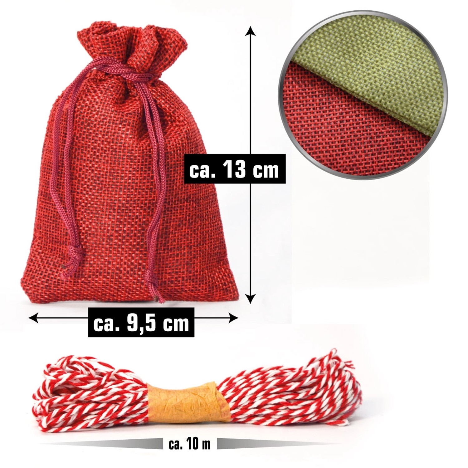 DuneDesign DIY Adventskalender: Roter Jute-Sack mit Kordel, Zahlen-Aufkleber und Schnur.