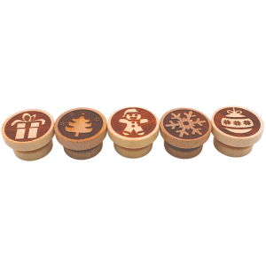 5er Set Holz-Teigstempel mit Weihnachtsmotiven: Geschenk, Tannenbaum, Lebkuchenmann, Schneeflocke, Baumkugel. Für Backen.