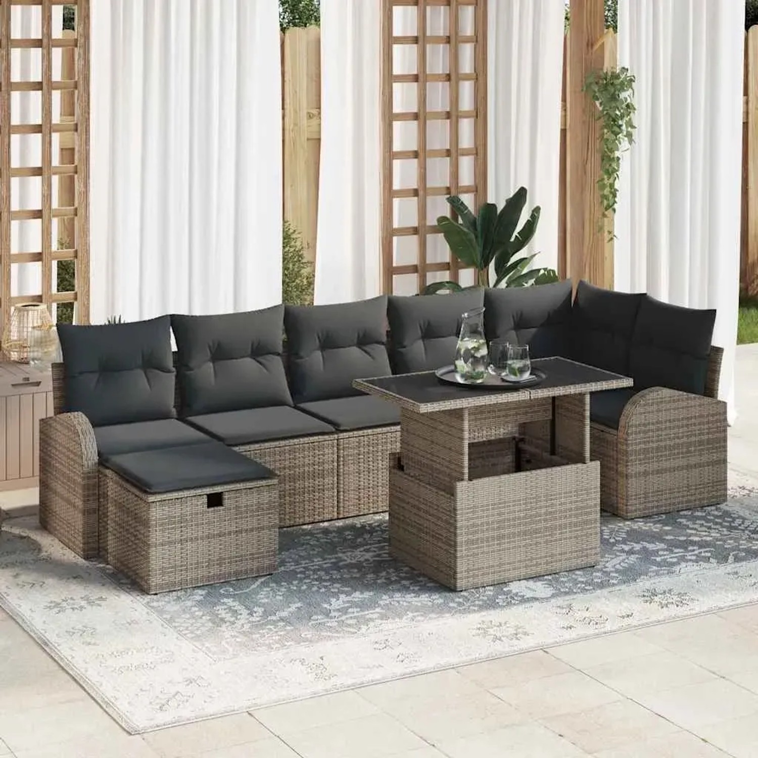 Graues 8-tlg. vidaXL Garten-Sofa-Set aus Polyrattan mit Kissen und Stauraum.