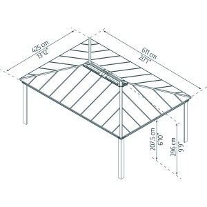 Technische Zeichnung: Palram Canopia Dallas Garden Pavillon, 306,7x611x425 cm, Anthrazit, Maße und Details.