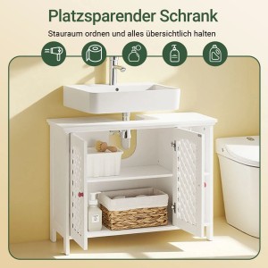 SoBuy Waschbeckenunterschrank BZR210-W, weiß, mit offenem Regal und zwei Fächern unter einem Waschbecken.