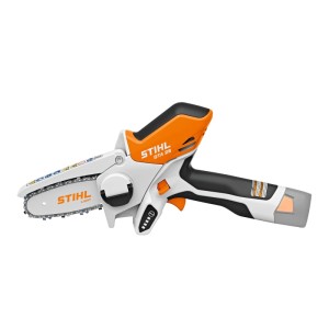 Stihl Akku-Gehölzschneider GTA 26 Set: Orange-weiße Akku-Astsäge mit Akku und Ladegerät.