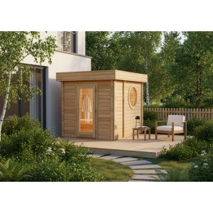 Finntherm Gartensauna Cubus-70 B aus naturbelassenem Holz mit Flachdach und runden Fenster.