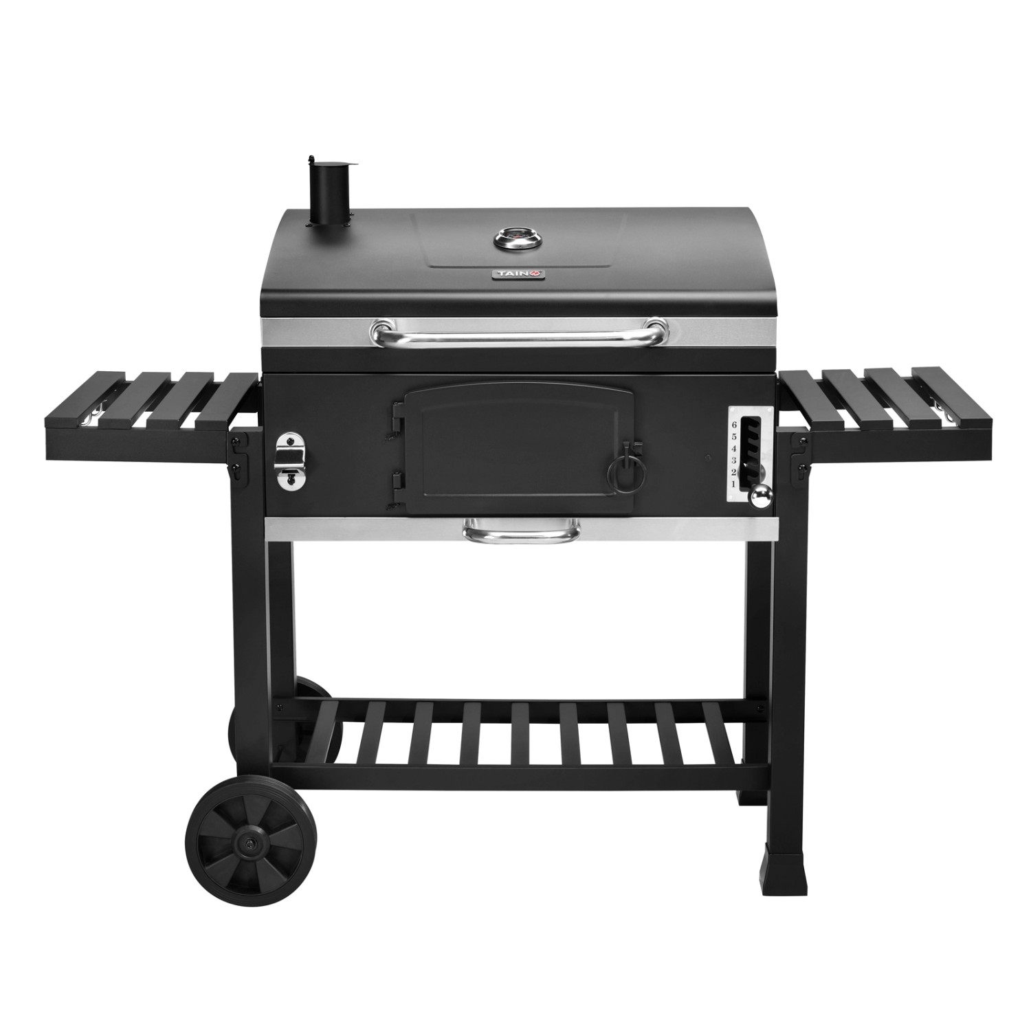 Taino Hero XXL Smoker Grillwagen Set mit Haube und Grillplatte, Holzkohlegrill in Schwarz.