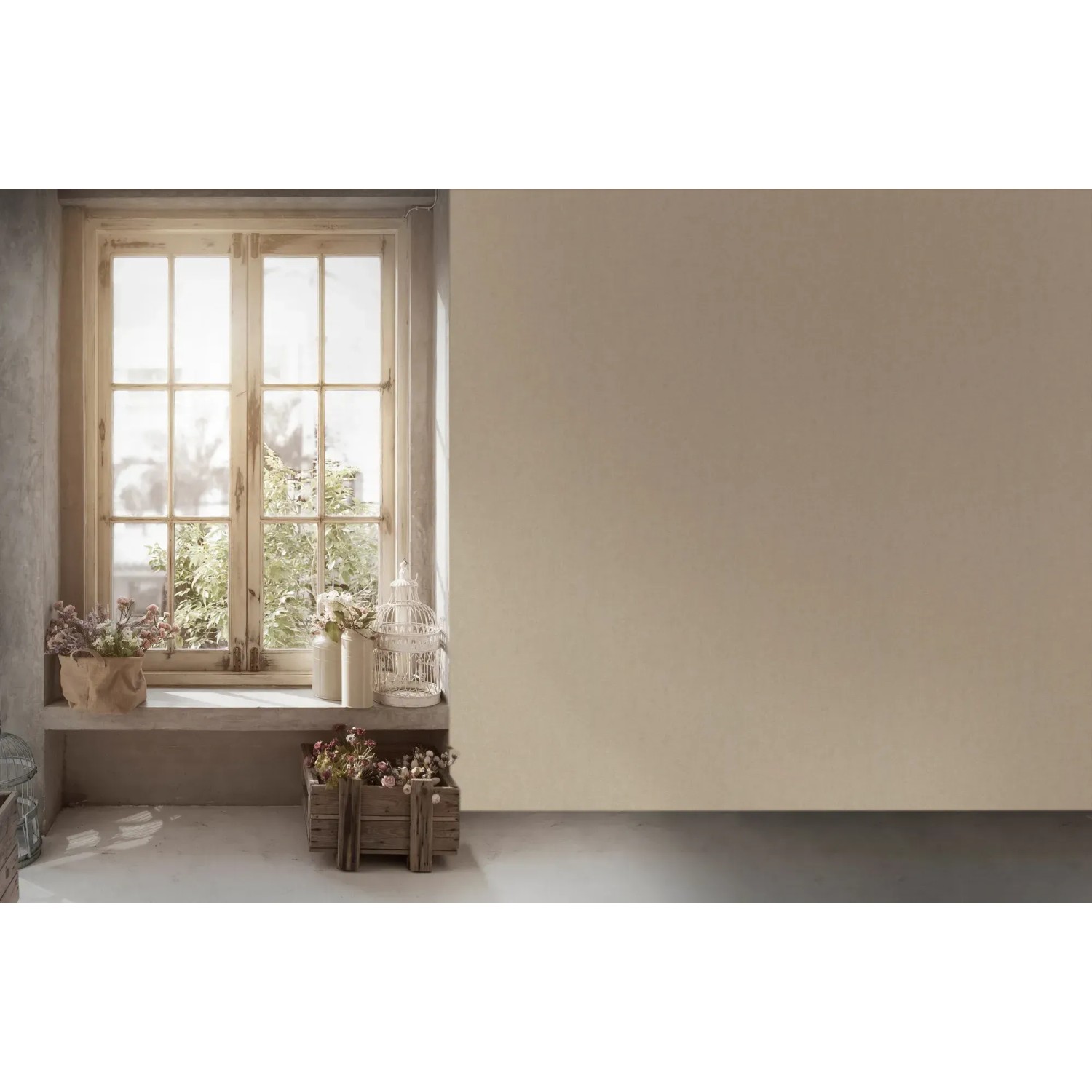 Raumansicht mit Vliestapete Beton in Perlweiß Creme, leicht strukturiert.
