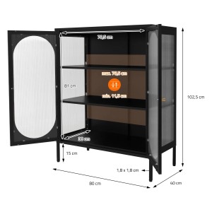 Schwarzer ML-Design Vitrinenschrank (80x102,5x40 cm) aus Stahl mit 3 Ebenen, offene Tür zeigt Innenleben.
