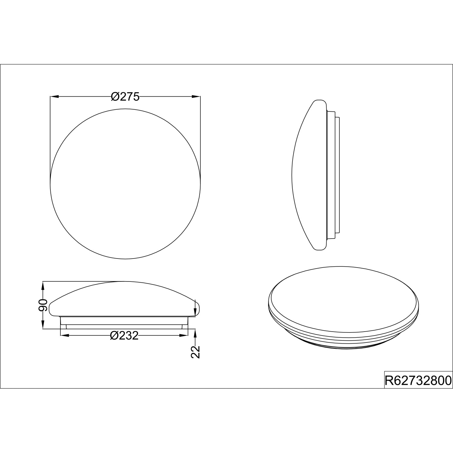 Technische Zeichnung der runden, weißen LED-Deckenleuchte Achat mit Maßangaben.