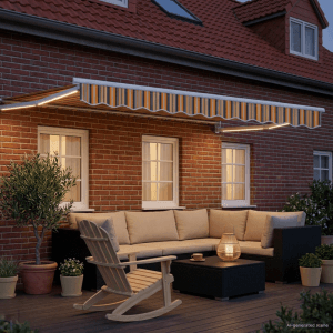 Elektrische Markise gelb-grau gestreift mit LED-Beleuchtung über Terrasse mit Gartenmöbeln am Haus.