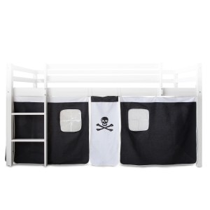Homestyle4u Bettumrandung Pirat für Kinderhochbett, schwarz-weißer Vorhang mit Totenkopf und Fenster.
