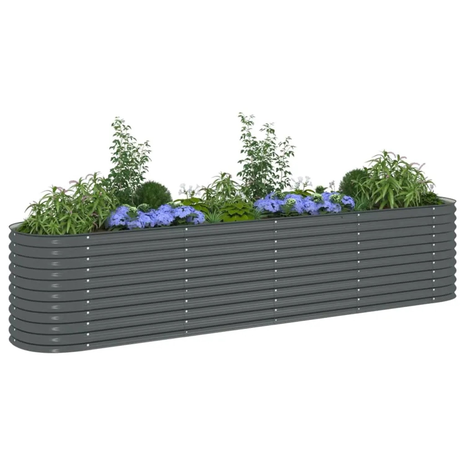 Graues furnicato Garten-Hochbeet aus verzinktem Stahl, bepflanzt mit Blumen und Pflanzen.