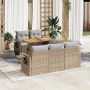 Beige 6-tlg. vidaXL Garten-Sofagarnitur aus Rattan mit Tisch und hellgrauen Kissen.