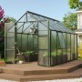 Vitavia Gewächshaus Olymp 9900 HKP 6 mm Smaragd, mit geöffneten Türen auf Holzterrasse im Garten.