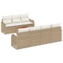 Beige-weißes 8-tlg. vidaXL Garten-Sofa-Set aus Rattan mit Tisch und weißen Kissen.