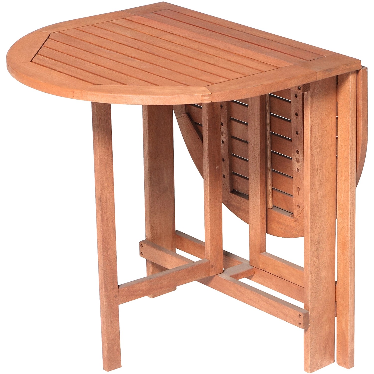 Ovaler Klappentisch aus Eukalyptusholz für den Balkon, platzsparend zusammenklappbar.