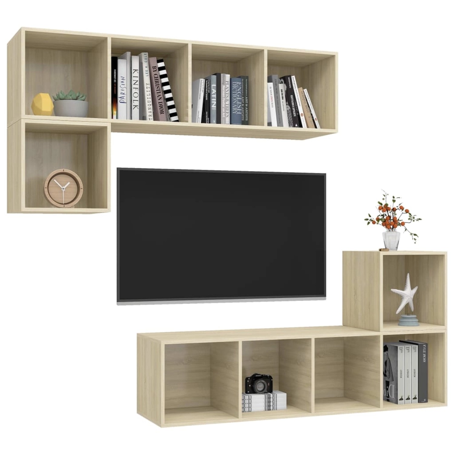 VidaXL TV-Schrank-Set, 4-teilig, Sonoma-Eiche, Holzwerkstoff. Wohnwand mit Regalen und TV-Möbel.
