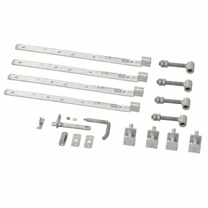 Beschläge-Set für Doppeltor Skagen Lux: Torbänder, Kloben, Drückergarnitur und weiteres Zubehör.